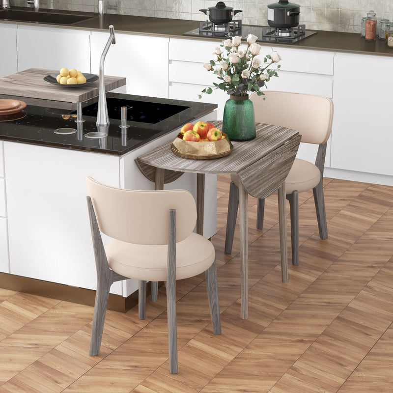 Space Saving Round Drop Leaf Dining Table for 4 with Wood Legs for Small Kitchens Grey