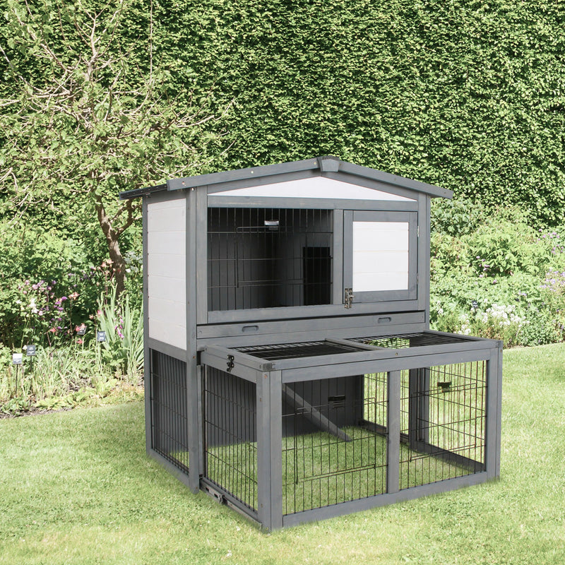 2 Tier Wooden Rabbit Hutch for Outdoor Use with Ramp and Shelter for Guinea Pigs Grey AOSOM