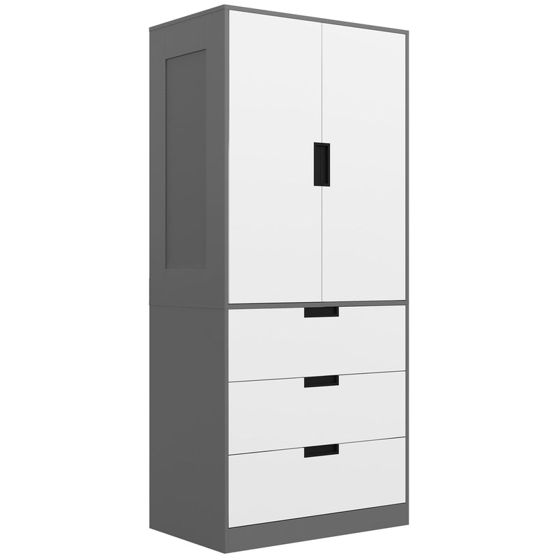 Modern 2 Door Bedroom Wardrobe With Hanging Rail and 3 Storage Drawers, Grey