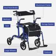 2 in 1 Wheelchair Transport Chair and Folding Rollator Walker with Seat and Bag by HOMCOM AOSOM