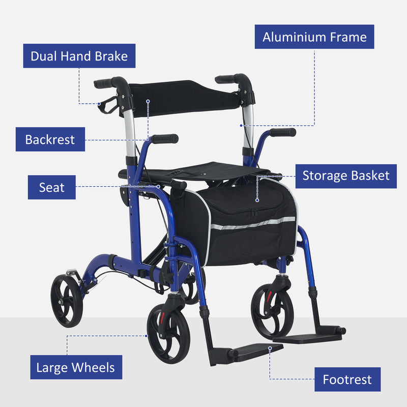 2 in 1 Wheelchair Transport Chair and Folding Rollator Walker with Seat and Bag by HOMCOM AOSOM