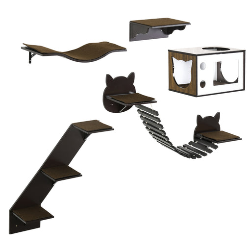 5 Piece Wall Mounted Cat Shelves With Climbing Tree for Indoor Play and Rest, Brown