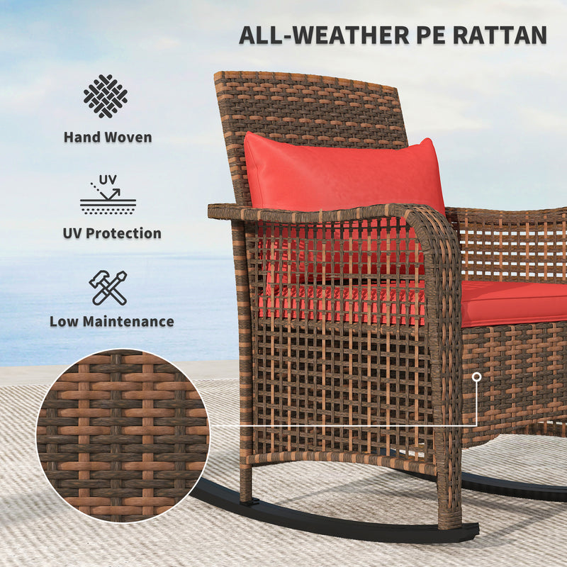 Red Rattan Rocking Chair with Cushions Steel Frame for Garden Patio Balcony by Outsunny