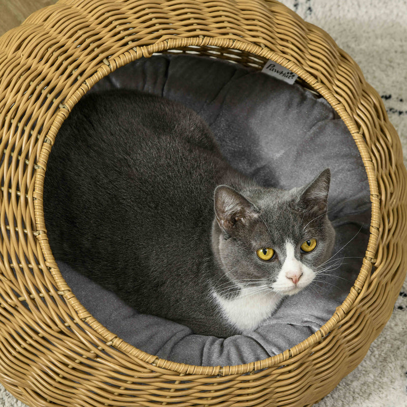 Wicker Cat House with Soft Washable Cushion Ideal for Indoor Use, Light Brown AOSOM