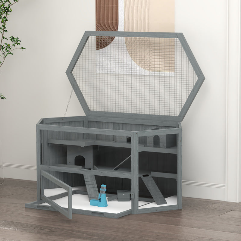 Grey 3 Tier Wooden Hamster Cage with Sliding Tray Seesaws and Water Bottle by PawHut