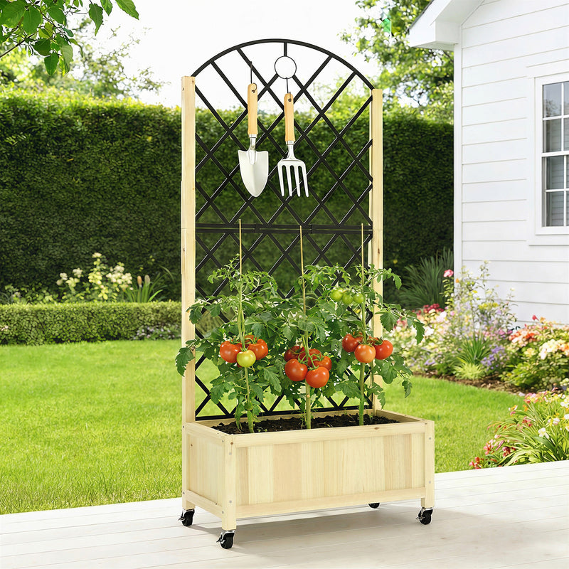Wooden Raised Garden Planter with Trellis and Wheels for Privacy and Climbing Plants Natural Outsunny