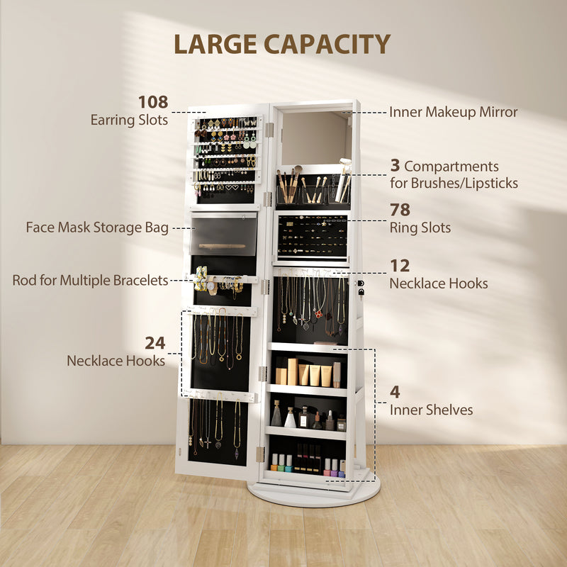 Free Standing Full Length Mirror Jewellery Armoire With LED Lights And Lockable Jewellery Storage White