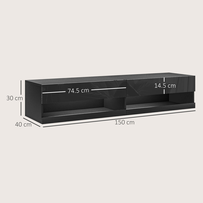 Wall Mounted TV Unit With LED Lights And Storage For TVs Up To 65 Inches, Black
