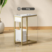 White C Shaped Side Table with USB Charging Station and Faux Marble Top for Living Room