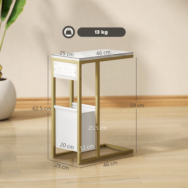 White C Shaped Side Table with USB Charging Station and Faux Marble Top for Living Room