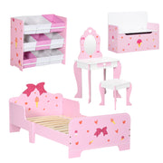 5 Piece Kids Princess Bedroom Furniture Set With Bed Storage and Dressing Table Pink AOSOM