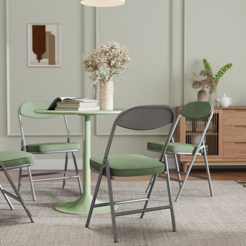 Set of Four Folding Seat Chairs with Soft Corduroy Upholstery for Dining or Guests Green