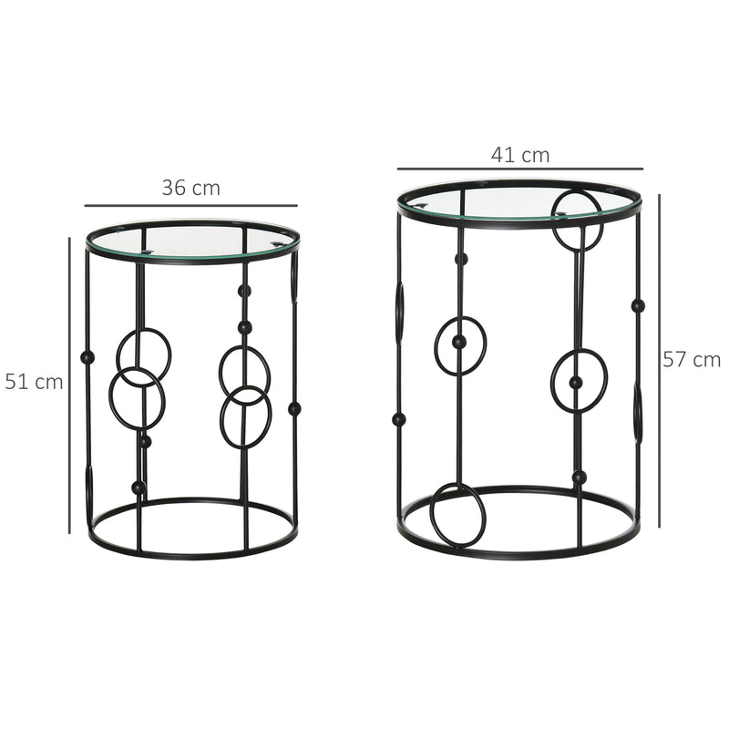 Nesting Side Tables Set of 2 Space Saving Coffee Tables with Glass Tops Black
