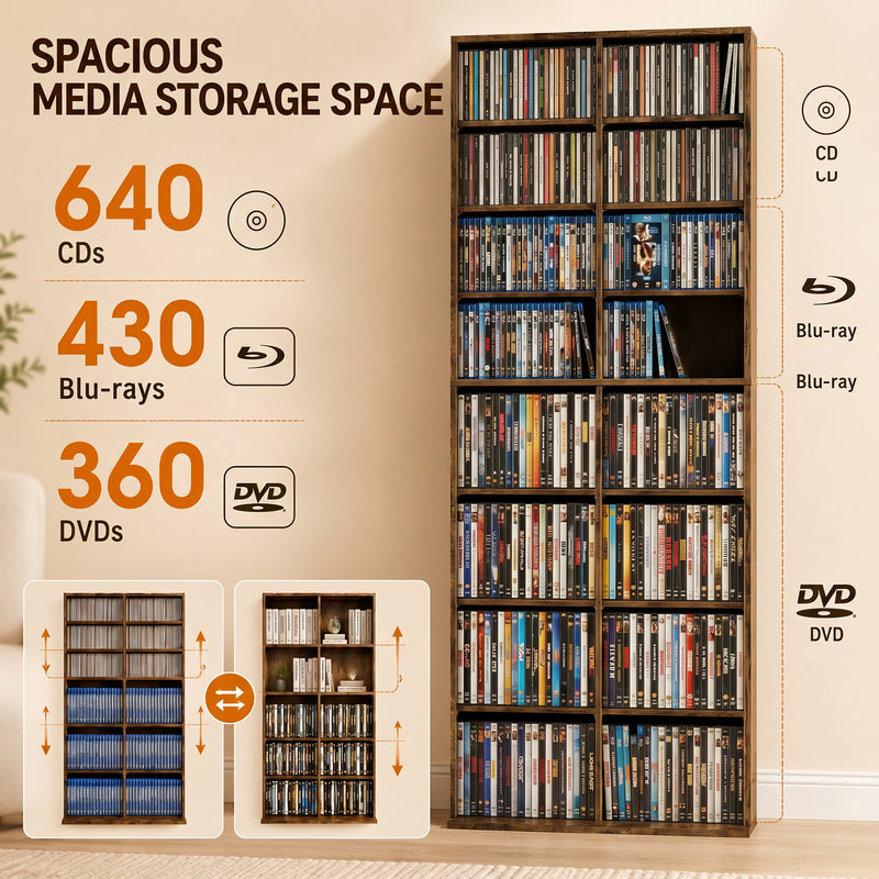 Tall Media Storage Unit with Adjustable Shelves for CDs and DVDs Slim Design
