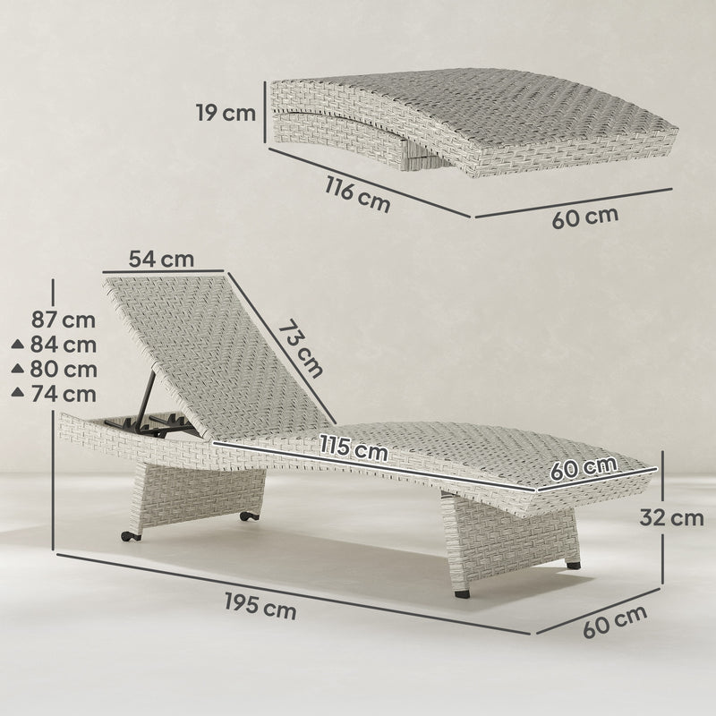 Grey Rattan Folding Sun Lounger With Adjustable Backrest and Wheels by Outsunny