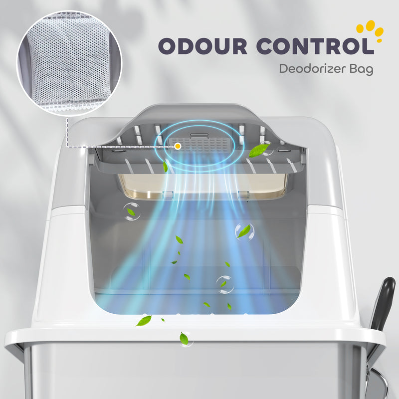 Extra Large Enclosed Stainless Steel Cat Litter Box With Scoop and Top Exit, Silver