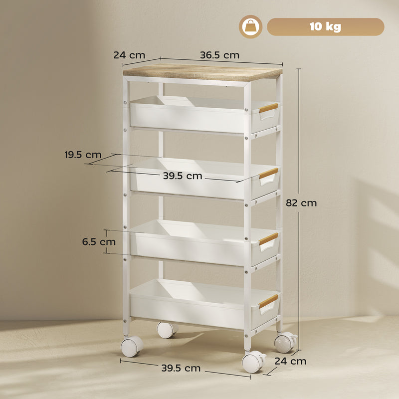 5 Tier Rolling Storage Trolley With Drawers For Home Office Or Salon Use, White