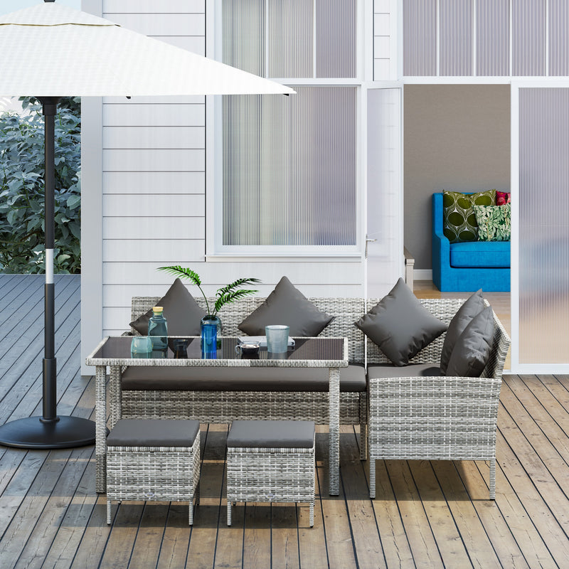 Dark Grey 6 Seater Rattan Dining Set with Sofa Table and Footstool by Outsunny