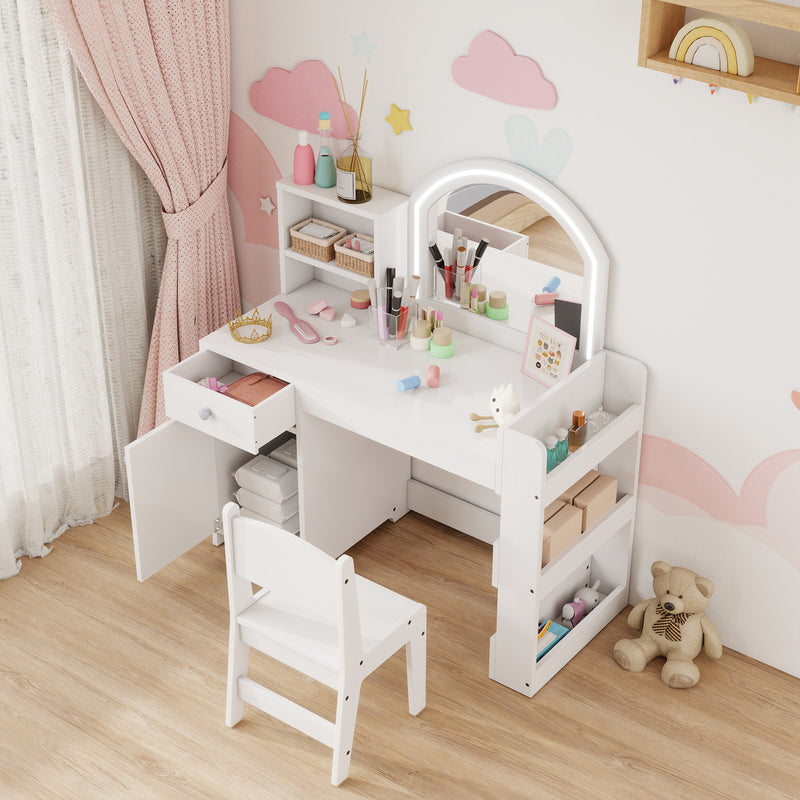 Kids Vanity Table Set with LED Mirror Storage Shelves and Chair for Girls Bedroom White