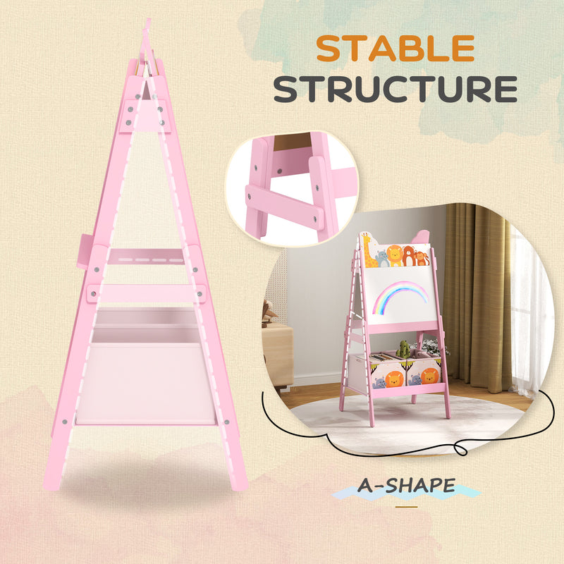 Pink 2 in 1 Kids Easel with Whiteboard Chalkboard and Storage for Ages 3-8 by AIYAPLAY