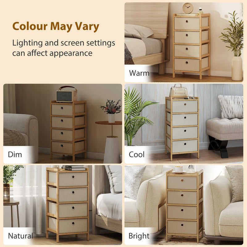 Slim Chest of Drawers for Organised Bedroom Storage with Bamboo Frame and Four Fabric Drawers Cream White AOSOM