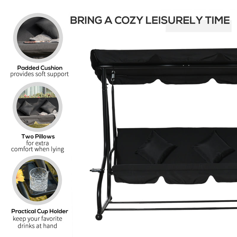 Patio Swings - Black 3 Seater Garden Swing Chair Converts to a Day Bed for Outdoor Relaxing Comfort Outsunny