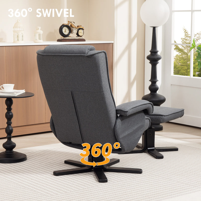 Charcoal Grey Swivel Recliner Chair with Footstool in Linen Fabric