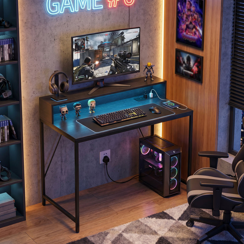 Computer Desk With Built-In Charging and RGB LED Lighting for Organised Home Workspace Black Wood-Effect