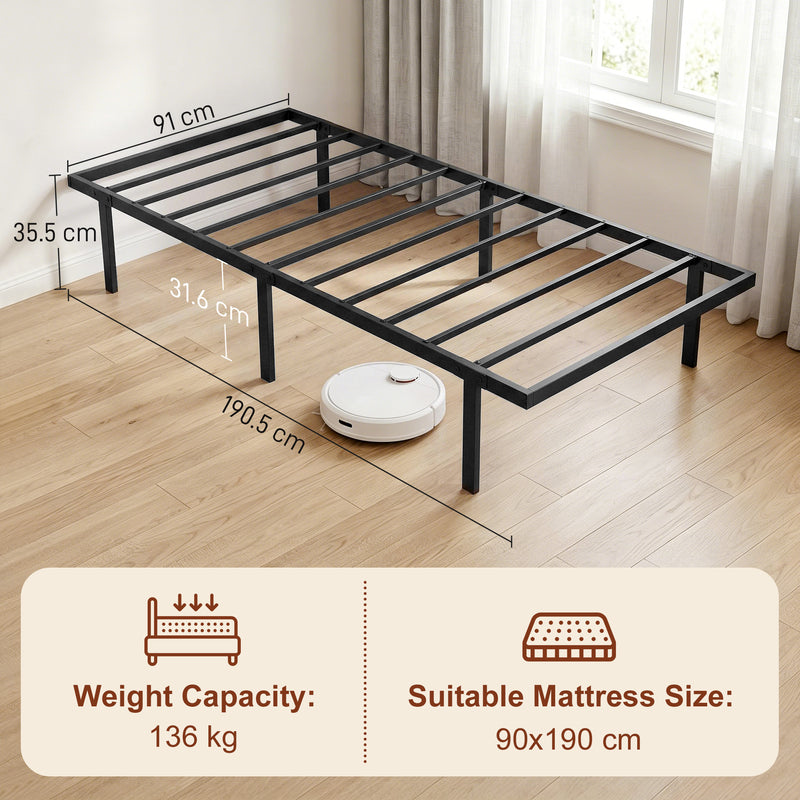 Black Single Metal Bed Frame with Quiet Anti-Squeak Design and Underbed Storage, 21 Stone Weight Capacity