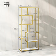 Elegant Gold Geometric Bookcase With 7 Tiered Open Shelves For Display And Storage, 80W x 30D x 180H cm