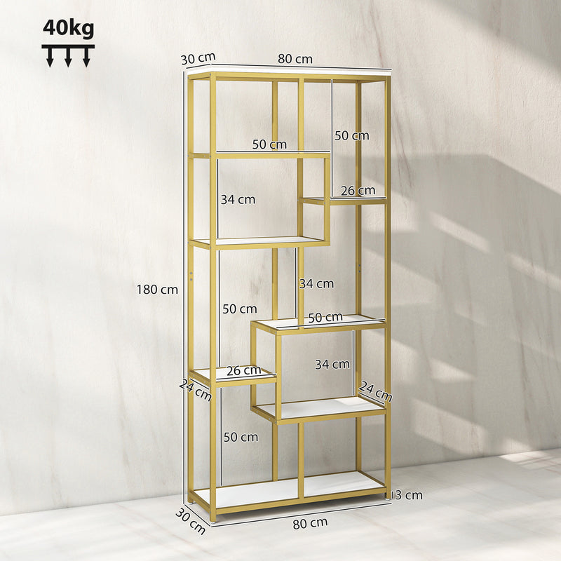 Elegant Gold Geometric Bookcase With 7 Tiered Open Shelves For Display And Storage, 80W x 30D x 180H cm