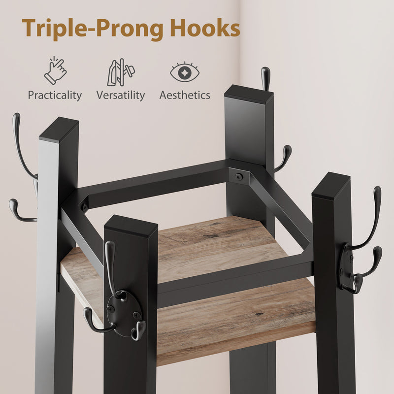 Industrial Freestanding Coat Rack with 8 Hooks and Storage Shelves for Hallway, Grey