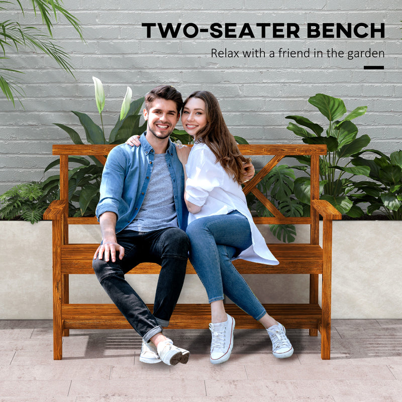 Natural Fir Wood Two Seater Garden Bench With Storage Shelf For Patio Or Balcony Use