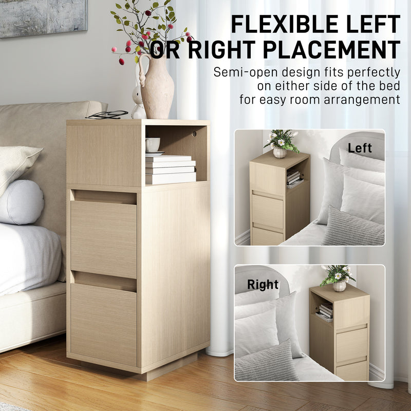 Slim Bedside Table With Open Shelf and Two Drawers for Bedroom Storage Natural Wood Finish