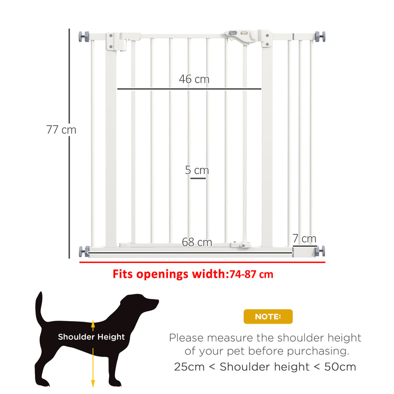 Adjustable Metal Dog Safety Gate 74 to 87cm Wide for Doorways and Stairs White