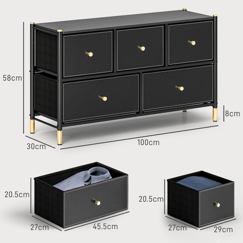 Black Faux Leather Chest of 5 Drawers With Gold Handles by HOMCOM