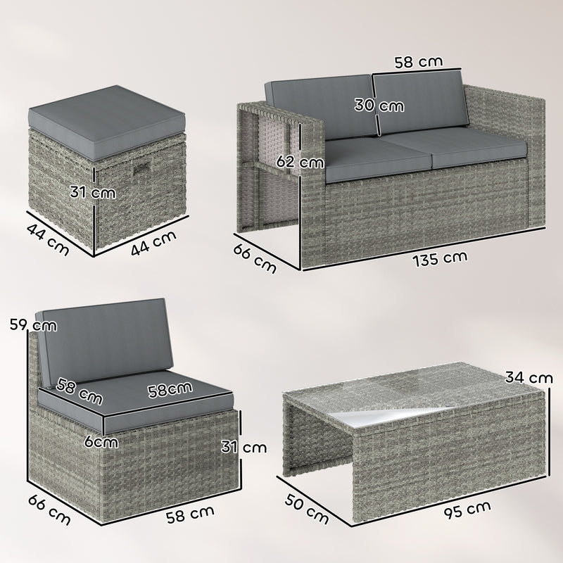 Rattan Garden Furniture Set 6 Piece Space Saving Outdoor Seating with Cushions Mixed Grey
