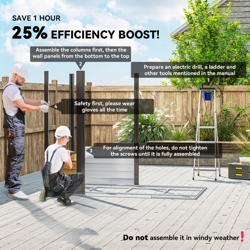 7x4ft Metal Garden Storage Shed with Lockable Double Doors and Foundation Kit, Natural Wood Effect