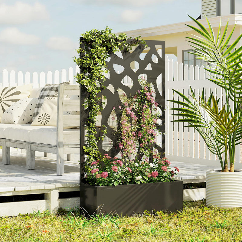 Raised Garden Bed with Trellis for Climbing Plants and Privacy Screen Black Outsunny