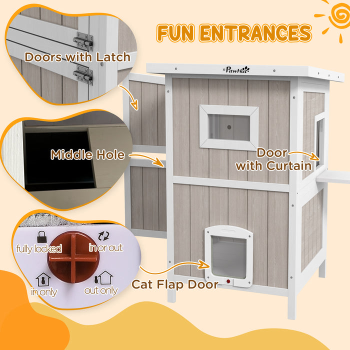 2 Tier Wooden Outdoor Cat Shelter with Removable Base and Escape Doors, Light Grey
