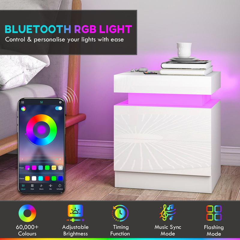 Bedside Tables Set with LED Lighting and Storage Drawers for Modern Bedrooms White