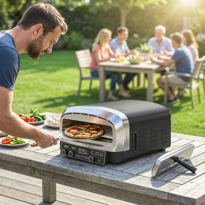 Electric Outdoor Pizza Oven for Evenly Cooked Homemade Pizzas with Adjustable Heat, Black