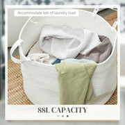 88L Cotton Rope Laundry Basket With Carry Handles For Clothes Storage, Cream White