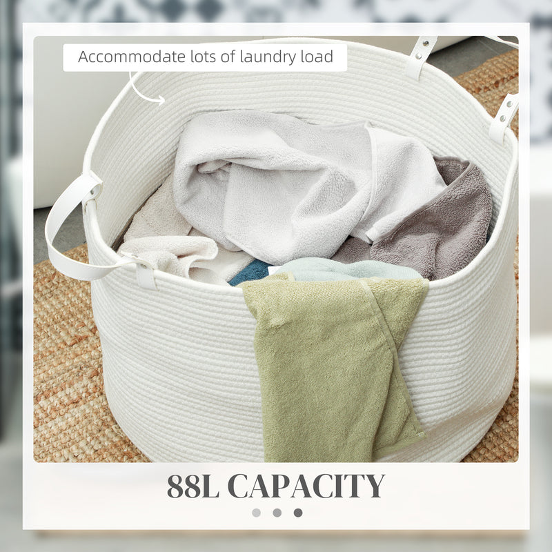 88L Cotton Rope Laundry Basket With Carry Handles For Clothes Storage, Cream White