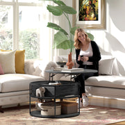 Charcoal Grey Round Lift Top Coffee Table With Storage Shelf For Living Room Or Office