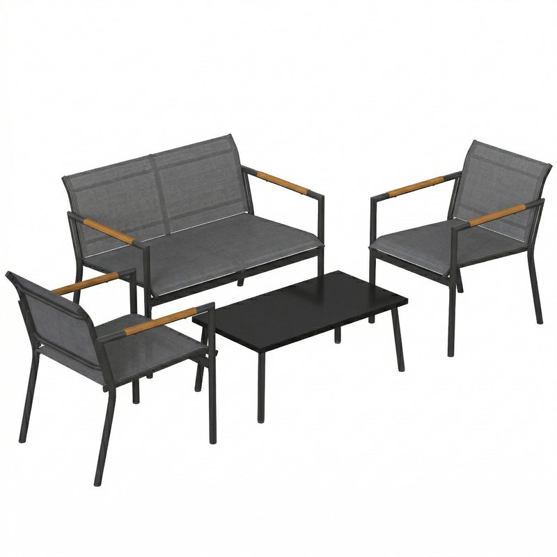 Outsunny 4 Seater Garden Furniture Set with Loveseat, Armchairs, Table, Metal Garden Sofa Set with Breathable Seats, Grey AOSOM