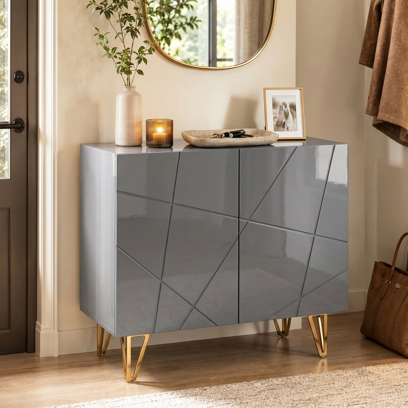Sideboard with Adjustable Shelf for Living Room Storage High Gloss Grey Gold Tone