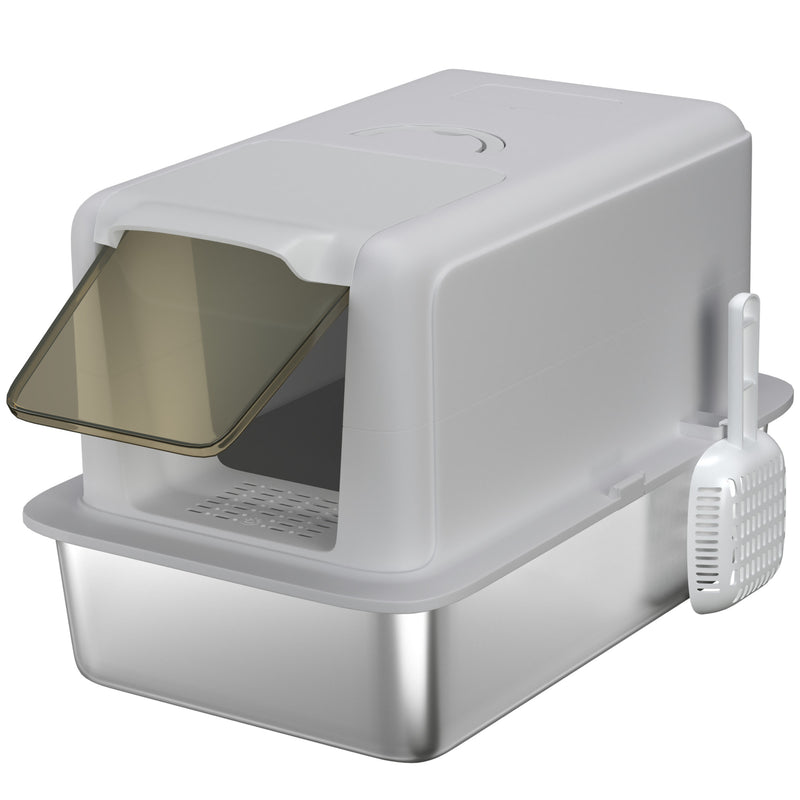 Stainless Steel Cat Litter Box with Scoop and Filter Bags for Large Cats Grey