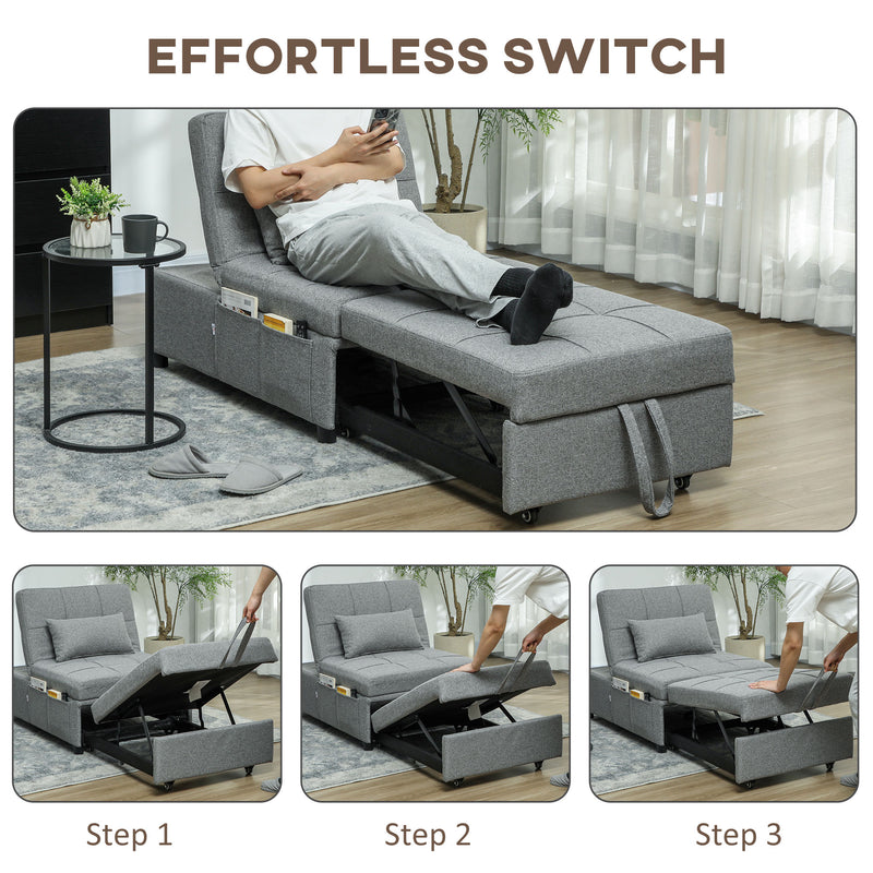 Dark Grey 4 in 1 Single Sleeper Chair Bed with Adjustable Backrest by HOMCOM