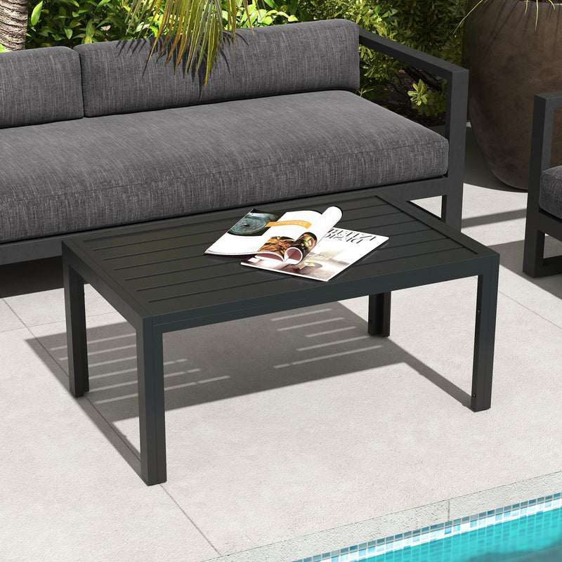 Black Rectangular Garden Side Table With Steel Frame And Slatted Top For Patio Use